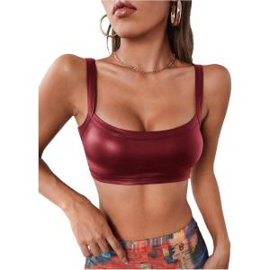 imageMakeMeChic Womens Faux PU Leather Sleeveless Spaghetti Strap Crop Cami TopBurgundy