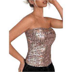 imageMakeMeChic Womens Metallic PU Leather Top Strapless Bandeau Sleeveless Party Crop Tube TopMulticolor