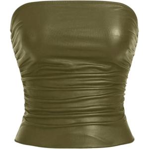 imageMakeMeChic Womens PU Leather Tops Summer Tube Top Ruched Sleeveless Slim Fit Strapless ShirtsArmy Green