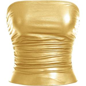 imageMakeMeChic Womens PU Leather Tops Summer Tube Top Ruched Sleeveless Slim Fit Strapless ShirtsGold