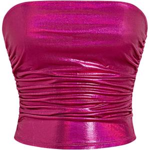 imageMakeMeChic Womens PU Leather Tops Summer Tube Top Ruched Sleeveless Slim Fit Strapless ShirtsPink