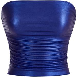 imageMakeMeChic Womens PU Leather Tops Summer Tube Top Ruched Sleeveless Slim Fit Strapless ShirtsRoyal Blue