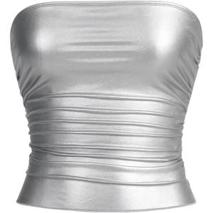 imageMakeMeChic Womens PU Leather Tops Summer Tube Top Ruched Sleeveless Slim Fit Strapless ShirtsSilver