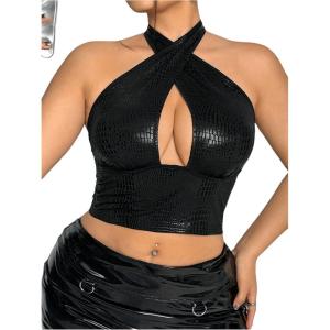 imageMakeMeChic Womens Plus Size Halter Top PU Leather Criss Cross Cut Out Backless Crop TopsBlack