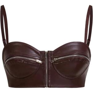 imageMakeMeChic Womens Y2K PU Leather Tops Spaghetti Strap Camisole Zipper Sleeveless Crop TopBrown