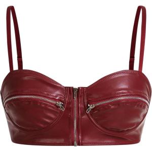 imageMakeMeChic Womens Y2K PU Leather Tops Spaghetti Strap Camisole Zipper Sleeveless Crop TopBurgundy
