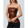 imageMakeMeChic Womens Faux Leather Strapless Tube Bar Tops Asymmetrical Ruched Backless Corset Crop TopsBrown