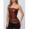 imageMakeMeChic Womens Faux Leather Strapless Tube Bar Tops Asymmetrical Ruched Backless Corset Crop TopsBrown