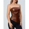 imageMakeMeChic Womens Faux Leather Strapless Tube Bar Tops Asymmetrical Ruched Backless Corset Crop TopsBrown