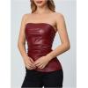 imageMakeMeChic Womens Faux Leather Strapless Tube Bar Tops Asymmetrical Ruched Backless Corset Crop TopsBurgundy