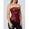 imageMakeMeChic Womens Faux Leather Strapless Tube Bar Tops Asymmetrical Ruched Backless Corset Crop TopsBurgundy