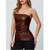 imageMakeMeChic Womens Faux Leather Strapless Tube Bar Tops Asymmetrical Ruched Backless Corset Crop TopsCoffee Brown