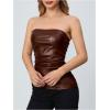 imageMakeMeChic Womens Faux Leather Strapless Tube Bar Tops Asymmetrical Ruched Backless Corset Crop TopsCoffee Brown