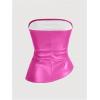 imageMakeMeChic Womens Faux Leather Strapless Tube Bar Tops Asymmetrical Ruched Backless Corset Crop TopsHot Pink