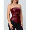 imageMakeMeChic Womens Faux Leather Strapless Tube Bar Tops Asymmetrical Ruched Backless Corset Crop TopsMaroon