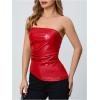 imageMakeMeChic Womens Faux Leather Strapless Tube Bar Tops Asymmetrical Ruched Backless Corset Crop TopsRed