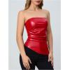 imageMakeMeChic Womens Faux Leather Strapless Tube Bar Tops Asymmetrical Ruched Backless Corset Crop TopsRed