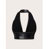 imageMakeMeChic Womens Faux PU Leather Deep V Neck Sleeveless Backless Camisole Crop Halter TopsBlack