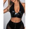 imageMakeMeChic Womens Faux PU Leather Deep V Neck Sleeveless Backless Camisole Crop Halter TopsBlack