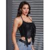 imageMakeMeChic Womens Lace Up Fringe PU Leather Corset Top Tie Back Cropped Halter Cami TopBlack