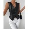 imageMakeMeChic Womens Vest Tops PU Leather Button Down V Neck Sleeveless Cropped Vest Blazer WaistcoatBlack