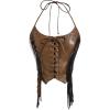 imageMakeMeChic Womens Lace Up Fringe PU Leather Corset Top Tie Back Cropped Halter Cami TopBrown