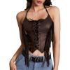 imageMakeMeChic Womens Lace Up Fringe PU Leather Corset Top Tie Back Cropped Halter Cami TopCoffee Brown