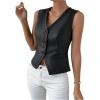 imageMakeMeChic Womens Vest Tops PU Leather Button Down V Neck Sleeveless Cropped Vest Blazer WaistcoatBlack