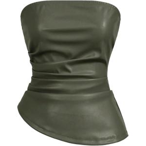 imageMakeMeChic Womens Faux Leather Strapless Tube Bar Tops Asymmetrical Ruched Backless Corset Crop TopsArmy Green