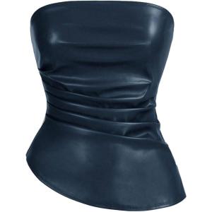imageMakeMeChic Womens Faux Leather Strapless Tube Bar Tops Asymmetrical Ruched Backless Corset Crop TopsBlue