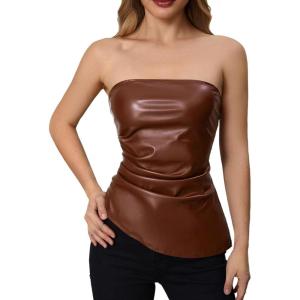 imageMakeMeChic Womens Faux Leather Strapless Tube Bar Tops Asymmetrical Ruched Backless Corset Crop TopsBrown