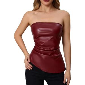 imageMakeMeChic Womens Faux Leather Strapless Tube Bar Tops Asymmetrical Ruched Backless Corset Crop TopsBurgundy