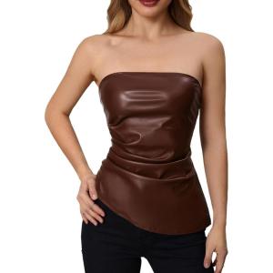 imageMakeMeChic Womens Faux Leather Strapless Tube Bar Tops Asymmetrical Ruched Backless Corset Crop TopsCoffee Brown