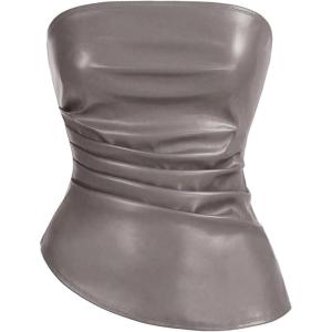 imageMakeMeChic Womens Faux Leather Strapless Tube Bar Tops Asymmetrical Ruched Backless Corset Crop TopsGrey