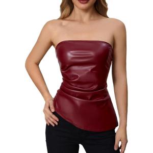 imageMakeMeChic Womens Faux Leather Strapless Tube Bar Tops Asymmetrical Ruched Backless Corset Crop TopsMaroon