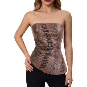 imageMakeMeChic Womens Faux Leather Strapless Tube Bar Tops Asymmetrical Ruched Backless Corset Crop TopsMulticolor