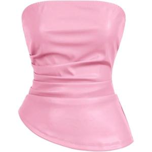 imageMakeMeChic Womens Faux Leather Strapless Tube Bar Tops Asymmetrical Ruched Backless Corset Crop TopsPink