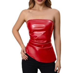imageMakeMeChic Womens Faux Leather Strapless Tube Bar Tops Asymmetrical Ruched Backless Corset Crop TopsRed