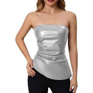 imageMakeMeChic Womens Faux Leather Strapless Tube Bar Tops Asymmetrical Ruched Backless Corset Crop TopsSilver