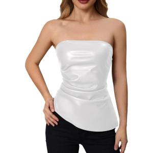 imageMakeMeChic Womens Faux Leather Strapless Tube Bar Tops Asymmetrical Ruched Backless Corset Crop TopsWhite