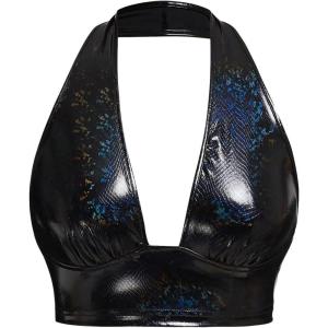 imageMakeMeChic Womens Faux PU Leather Deep V Neck Sleeveless Backless Camisole Crop Halter TopsBlack