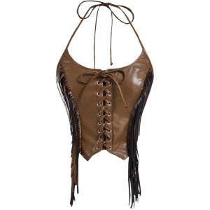 imageMakeMeChic Womens Lace Up Fringe PU Leather Corset Top Tie Back Cropped Halter Cami TopBrown