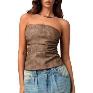 imageMakeMeChic Womens PU Leather Top Strapless Ruched Bandeau Sleeveless Party Tube TopsBrown