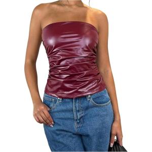 imageMakeMeChic Womens PU Leather Top Strapless Ruched Bandeau Sleeveless Party Tube TopsBurgundy