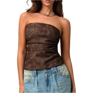 imageMakeMeChic Womens PU Leather Top Strapless Ruched Bandeau Sleeveless Party Tube TopsCoffee Brown
