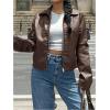 imageMakeMeChic Womens Crop Faux Leather Jacket Vintage Long Sleeve Collar Zip Up Biker Motorcycle Jackets CoatsBrown