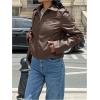 imageMakeMeChic Womens Crop Faux Leather Jacket Vintage Long Sleeve Collar Zip Up Biker Motorcycle Jackets CoatsBrown