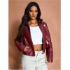 imageMakeMeChic Womens Crop Faux Leather Jacket Vintage Long Sleeve Collar Zip Up Biker Motorcycle Jackets CoatsBurgundy