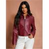 imageMakeMeChic Womens Crop Faux Leather Jacket Vintage Long Sleeve Collar Zip Up Biker Motorcycle Jackets CoatsBurgundy