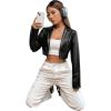 imageMakeMeChic Womens Faux PU Leather Lapel Neck Long Sleeve Cropped Jacket Blazer
